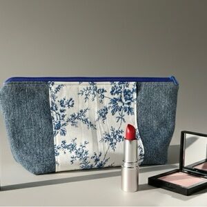 Chic Denim and Floral Cosmetic Bag